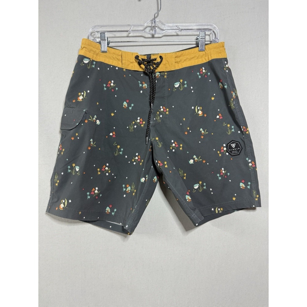 Vissla Swim Trunks Men Gray Yellow Mushroom Floral Print Size 30 Hipster